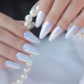 Leuhiove 24 Pcs Chameleon Chrome White Press On Nails Almond Fake False Nails with Glue on Nails for Women Reflective Mirror Acrylic Press on Nails Glossy Artificial Stick on Nails