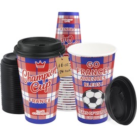 16 oz French Football Fan Party Cups - 24 Sets Disposable Paper Cold Drink Cups with Lids - Tricolor Team Spirit Game-Day Festival Tableware Decorations - Allez Les Bleus Souvenir Drinkware