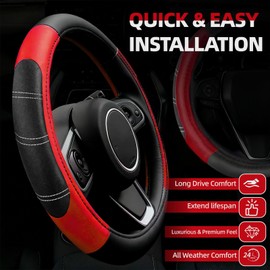 NBTEPEM 6 Pcs Red Car Accessories Set, Sport Leather Steering Wheel Cover 14.5-15inch Universal, Microfiber Leather Car Center Console Cover, Seat Belt Cushion, Cup Holder Coaster (Black-Red)