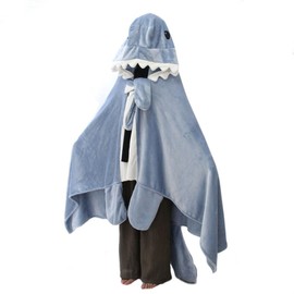 Shark Cosplay Blanket Wearable Flannel Fleece Throw Hooded Cloak Shawl Wrap Nap Sleeping Bag Flannel Cape Hoodie (Blue, fit height 60-80inch)