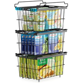 iSPECLE Deep Freezer Organizer Bins - 3 Pack Large Freezer Organizer Bins, Adjustable Width for Expanded Capacity, Fits 5~7 Cu.FT Chest Freezer, Stackable Freezer Basket Holds More Food, Black
