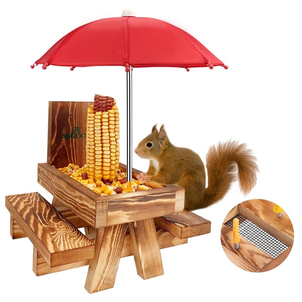 MIXXIDEA Wooden Squirrel Feeder Table with Umbrella, Squirrel Picnic Table for Outside, Brown Squirrel Feeder with Corn Cob Holder Cute Chipmunk Feeder (Red Umbrella)