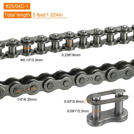 QUARKZMAN #25/04C-1 Roller Chain 5 Feet 1/4 Inch Pitch Carbon Steel Roller Chains with 2 Free Connectors for Mini Bikes, Motorcycles, 240 Links
