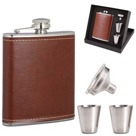 Hip Flask, Portable Metal Hip Flask, 8 oz Stainless Steel Shot Bottle, Outdoor Hip Flask Drinking Cup Set, Stainless Steel Hip Flask and Funnel, Funnel and Gift Box (Brown)