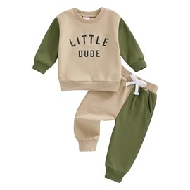 Toddler Baby Boys Tracksuit Outfit Color Block Long Sleeve Sweatshirt Tops + Pants 2PCS Sweatsuit Clothes Set (2-3 Years, Little Dude-Beige and Green)