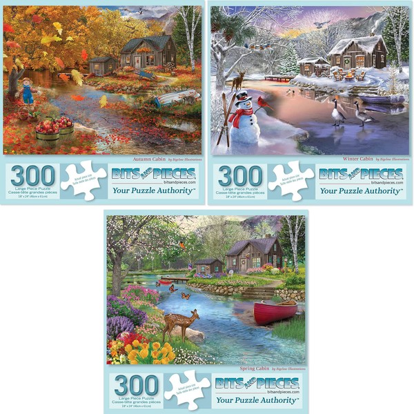 Bits and Pieces - Value Set of Three (3) 300 Piece Jigsaw Puzzles for Adults - Each Puzzle Measures 18" x 24" - 300 pc Autumn Winter Spring Cabin Jigsaws by Artist Bigelow Illustrations