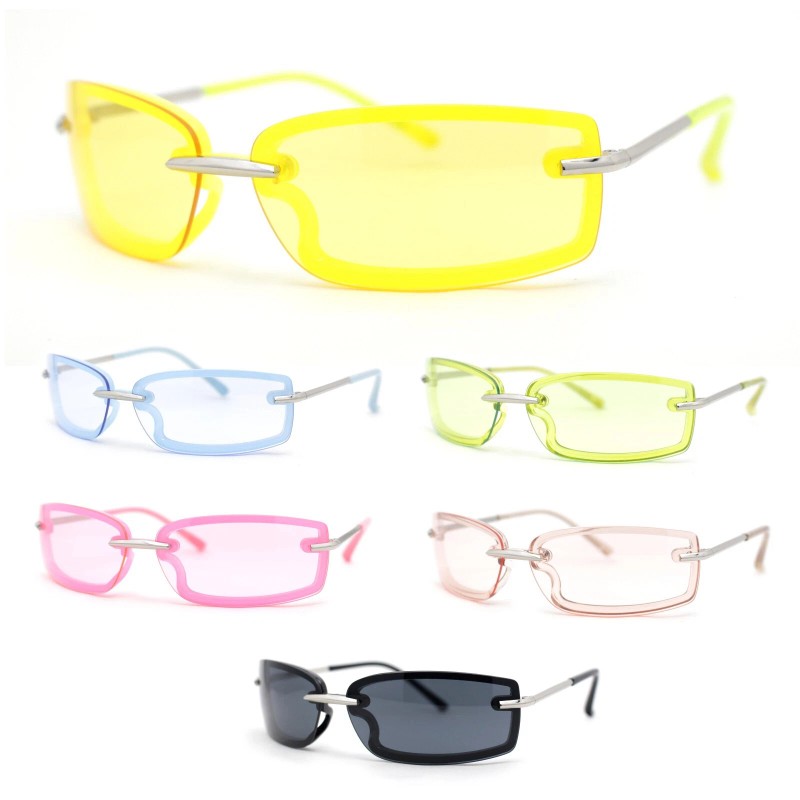 SA106 90s Rimless Curved Rectangle Agent Style Plastic Sunglasses -