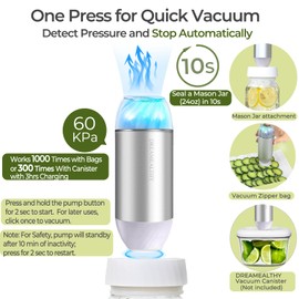 Automatic Mason Jar Sealer Kit – Vacuum Seal in 10S, Auto Stop, Compact Handheld Vacuum Sealing Machine for Canning Jars, Wide & Regular Mouth, 2 Sous Vide Bags. VP04-masonsets