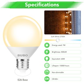 BUBO Globe Light Bulbs 60 Watt Equivalent, Vanity Light Bulbs for Bathroom Over Mirror, Round Light Bulbs Soft White 2700K, G25 LED Light Bulbs 800 Lumens, E26 Medium Base, 7W, Non-Dimmable, 10 Pack