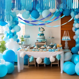 PIGETALE Crepe Paper Streamers 8 Rolls 656ft, Pack of Blue, Pastel Blue, Royal Blue, White Party Streamers, Crepe Paper for Birthday Party Wedding Baby Bridal Shower Decorations (1.8 Inch x 82Ft/Roll)