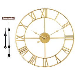 Large Wall Clock, Metal Retro Roman Numeral Clock, Modern Round Wall Clocks Almost Silent, Easy to Read for Living Room/Home/Kitchen/Bedroom/Office/School Decor (Gold, 16 Inch)