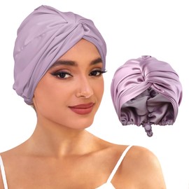 GLISSELLE Adjustable Silk Satin Sleep Bonnet for Curly & Long Hair - Double Layer Hair Wrap Cap for Women Night Turban for Braids (Lavender Color)