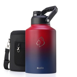BUZIO One Gallon Water Bottle Insulated, (Cold for 48 Hrs) 128oz Water Jug Large Stainless Steel, 3.58in Big Wide Mouth Leak Proof Metal Flask with Carrying Sleeve for Camping,Gym,Travel, Black Red