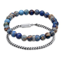Kuzzoi Buddha Men's Bracelet Set, Elastic Gemstone Bracelet with Silver Beads, Blue Agate Beads and a Curb Bracelet for Men, Oxidised 925 Sterling Silver, Length 21 cm, Sterling Silver, Blue Agate