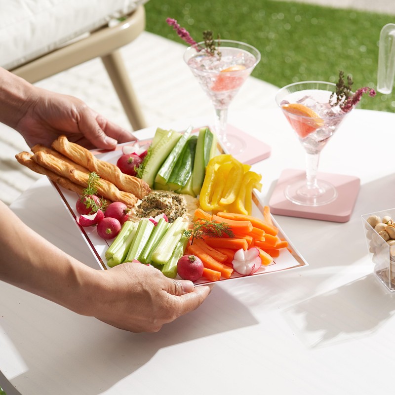 MATANA 12 White Plastic Serving Platters with Rose Gold Border,