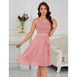 Meetjen Wedding Guest Dress for Women Short Formal Cocktail Party Lace Chiffon Teens 2025 Prom Dresses Blush M