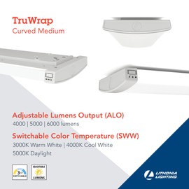 Lithonia Lighting TruWrap 4 Foot LED Ceiling Light Fixture, Low-Profile Wraparound LED Shop Light, Adjustable Lumens, Selectable Warm White/Cool White/Daylight Color, Curved Diffuser, Medium Width