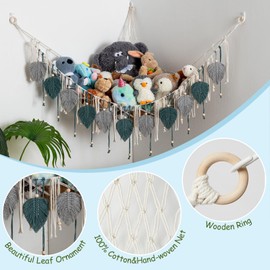Pretty Jolly Macrame Stuffed Animal Hammock with Beads Hand Woven Leaf Tassels Corner Hanging Net Boho Plush Holder for Kid Room Nursery Decor Organizer for Girls Gift(Lightgray & Blue)