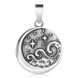 MATERIA by Matthias Wagner Waves Pendant 925 Silver Round with Moon and Stars for Women, Silver