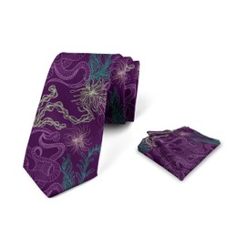 Ambesonne Octopus Men's Tie Set, Art Animal Pattern Jellyfish Marine Plants and Seaweed, Necktie Set Groom Handkerchief for Parties Weddings & All Occasions, Dark Purple Pale Green