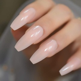 CoolNail Glossy Nude Ballerina Press on False Nails Extra Long Natural Coffin UV Fake Fingers nails with Jelly Glue Sticker