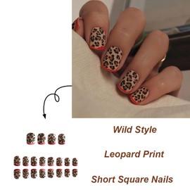 Leopard Press on Nails Short Square Fake Nails Red French Tip Leopard Printed Designs False Nails Short Acrylic Glue on Nails Cute Stick on Nails for Women and Girls Nail Art Decorations 24pcs