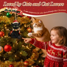 Black Cat Christmas Ornament 3D, Cat Figurine Christmas Tree Ornament with Santa Hat & Candy Cane Scarf, 4.1 Inch Black Longhair Tabby Kitty Figurine for Xmas Village Display, Gift for Animal Lover