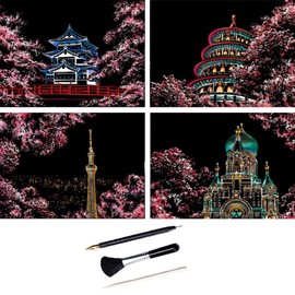 ShipeeKin 4X Scratch Pictures, 290 x 210 mm, Landmarks Wall Art, Coated Colourful Scratch Paper with Tool Set