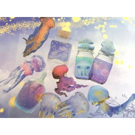 901bs Puffy Gold Jellyfish Ocean Sea Bottle Sticker Sheet Scrapbooking Junk Journal