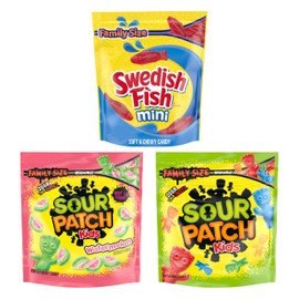 SOUR PATCH KIDS Original, SOUR PATCH KIDS Watermelon, and SWEDISH FISH Mini Soft & Chewy Candy Variety Pack, Family Size, Bulk Candy, 3-1.8 lb Bags