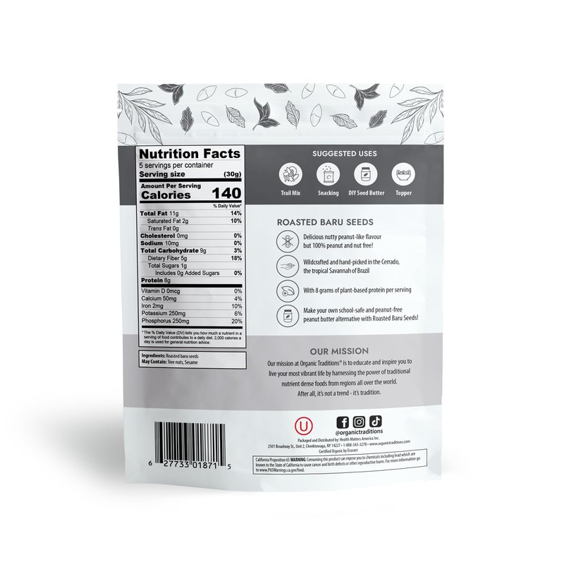 Natural Traditions Roasted Baru Seeds, Baru Nuts - 5.3oz Resealable