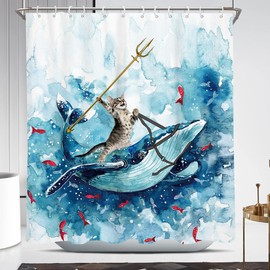 Coxila Funny Cat Shower Curtain Long Cute Fun Cool Riding Whale Ocean Wave Anime Kids Beach Nautica Theme Sea Fish Hilarious Bathroom 72 x 72 Inch Polyester Fabric 12 Pack Hooks