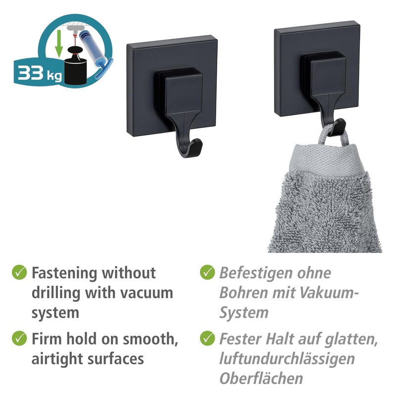 WENKO Vacuum-Loc® Quadro Wall Hooks, Set of 2, Plastic Bathroom