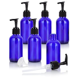 JUVITUS 4 oz / 120 ml Cobalt Blue Boston Round PET Plastic Empty Bottles (BPA Free) with (6 pack, Black Lotion Pump)