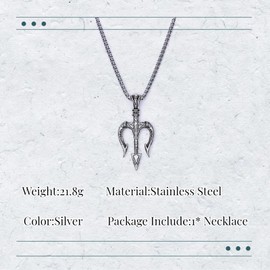 QKEOISUD Poseidon Trident Pendant Punk Necklace, Vintage Stainless Steel Rock Hip Hop Chain Ancient Greek Talisman Birthday Jewelry Men's Gift (Silver)
