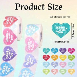 1000pcs Jesus Loves You Stickers, 16 Colors Christian Religious Sticker Rolls Jesus Loves You Religious Themed Decal for Kids Paper Envelope Card Gifts (Heart Style)