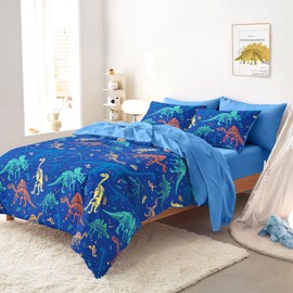 Wake In Cloud - Dinosaur Bedding Set for Boys, Colorful Dino Prehistoric Fossil, Soft Lightweight Comforter Set with Sheets, 5 Pieces Kids Bed in a Bag, Navy Blue, Twin Size