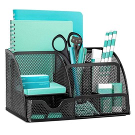 OKPOW Mesh Desk Organiser,Multi-Use Desk Tidy & Pen Holder with 6 storage and 1 Slide Drawer,Stationary Organiser for School,Home,Office desktop supplies (Black)