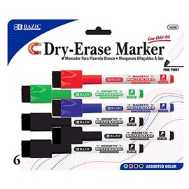 BAZIC Magnetic Dry Erase Marker, Fine Tip Assorted Colors, Whiteboard Pen Marcador, White Board Low Odor Markers, Office School Supplies (6/Pack), 1-Pack