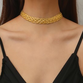 DEAROK Choker Necklace for Women Stainless Steel Necklace for Women Waterproof Chain Necklace Twist Braid Chunky Necklace Friendship Gifts for Women, 13"+3.5", Stainless Steel, No Gemstone