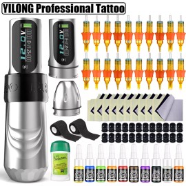 YILONG Coreless Motor Wireless Power Tattoo Gun Machine Makeup Pen Complete Kit 2000mAh - Silver