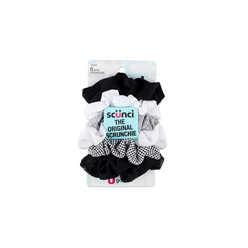 scunci, 6 pcs scrunchies, Black, Gray, White, 33459
