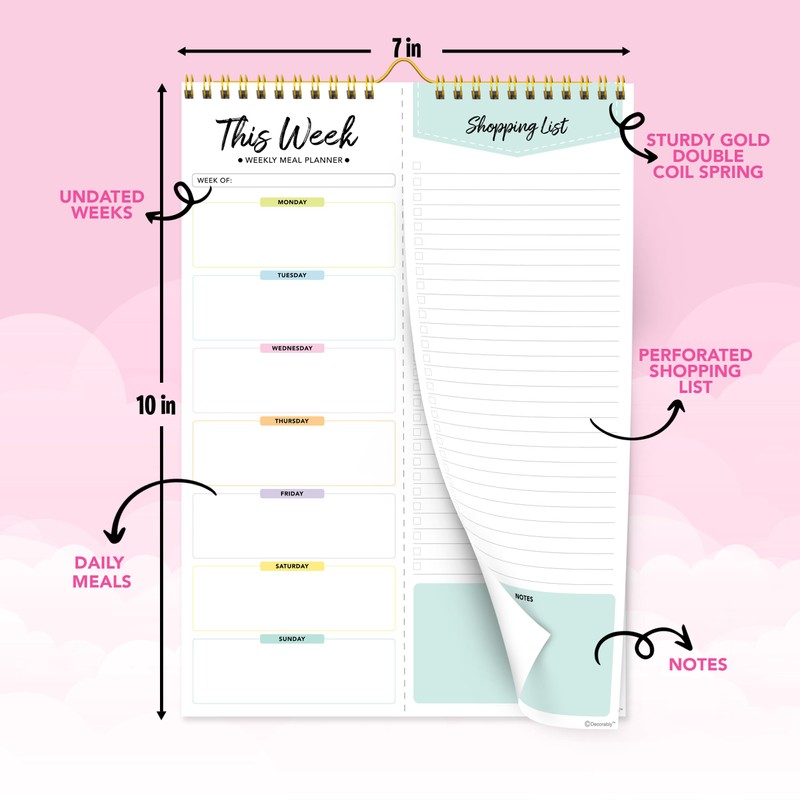 Decorably Meal Planner Pad with Shopping List Minimalist - 52
