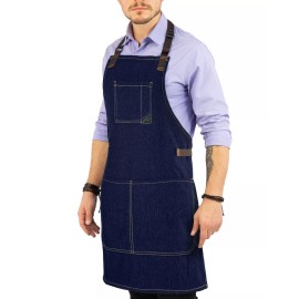 Under NY Sky Work Apron - Adjustable for Men, Women - Cook, Chef, Server, Baker, Barista Shop - Blue Bib
