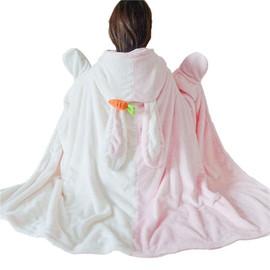 Cute Bunny Super Soft Hooded Shawl Lolita Warm Comfy Fleece Wearable Blanket (Pink White)