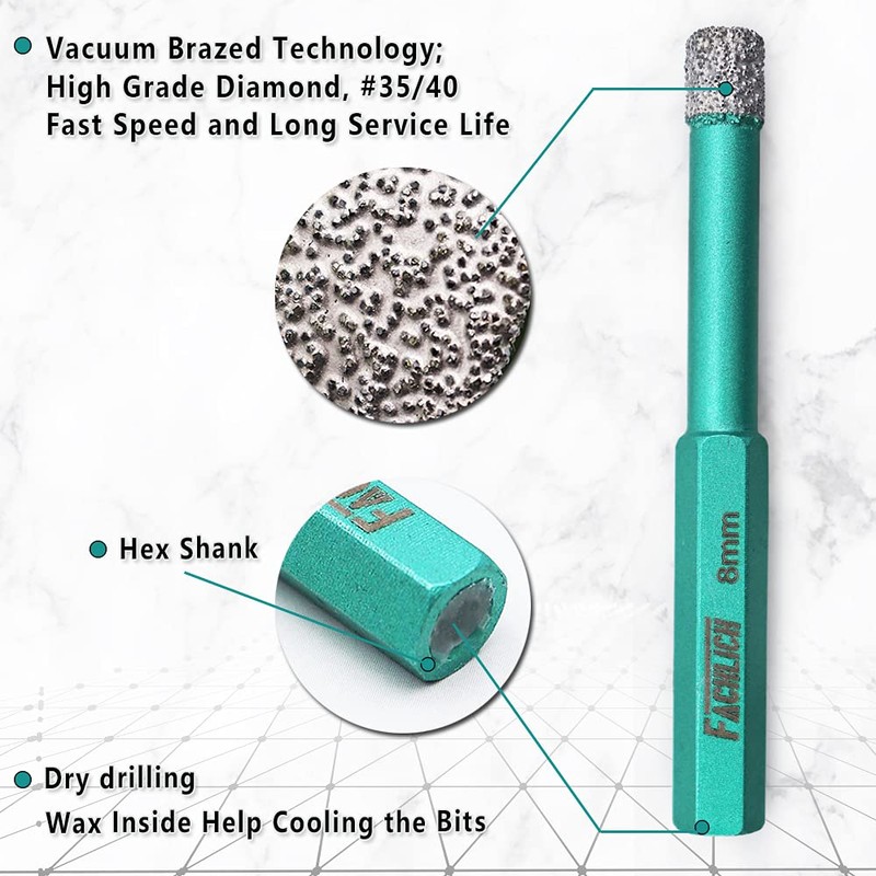 FACHLICH Dry Diamond Drill Bits,2pcs 5/16"(8mm) with Hex Shank for