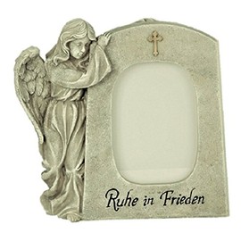 Grave Ornament Angel Next to Mourning Stone with Photo Window and Inscription "Ruhe in Peace" Gra