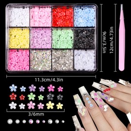 2 Boxes 3D Acrylic Nail Charms, 9 Colors Nail Bows Charms and Small Flower, 3D Flowers for Nails with Rhinestones, Pearls, Diamonds and Picker Tools for Y2K Nail Decor