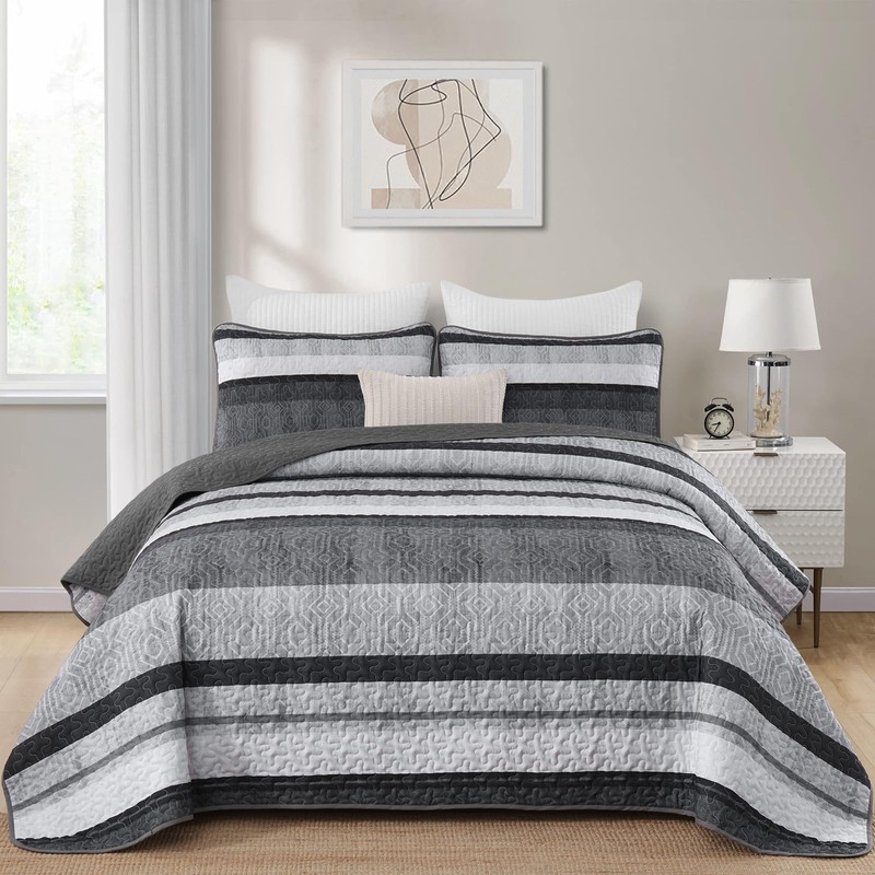 Dobuyly Grey Queen Quilt Set, Boho Bedspread Queen Size, Striped