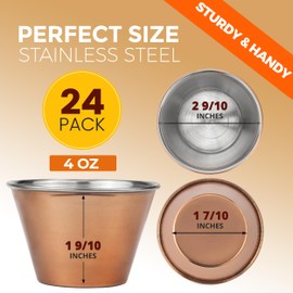 Fit Meal Prep [24 Pack] 4 oz Stainless Steel Sauce Cups - Copper Plated Individual Round Condiments Ramekins, Commercial Grade Safe/Portion Dipping Sauce Kitchen Set
